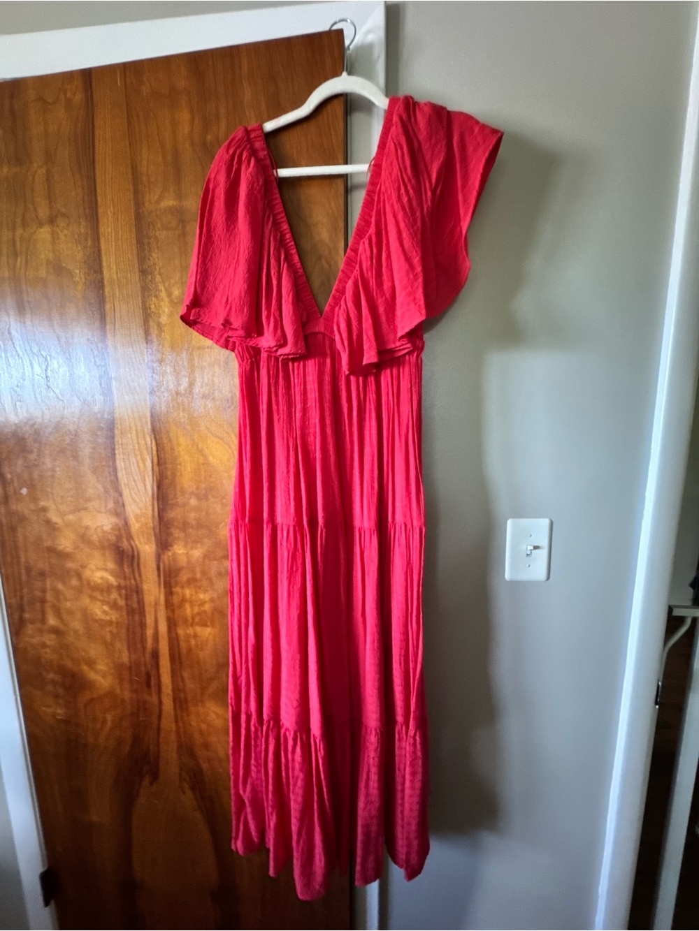 Flutter-Sleeve Deep V Midi Dress in Vibrant Red